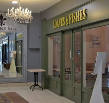 Inside of Left Bank Mall, showing Loaves & Fishes cafe
