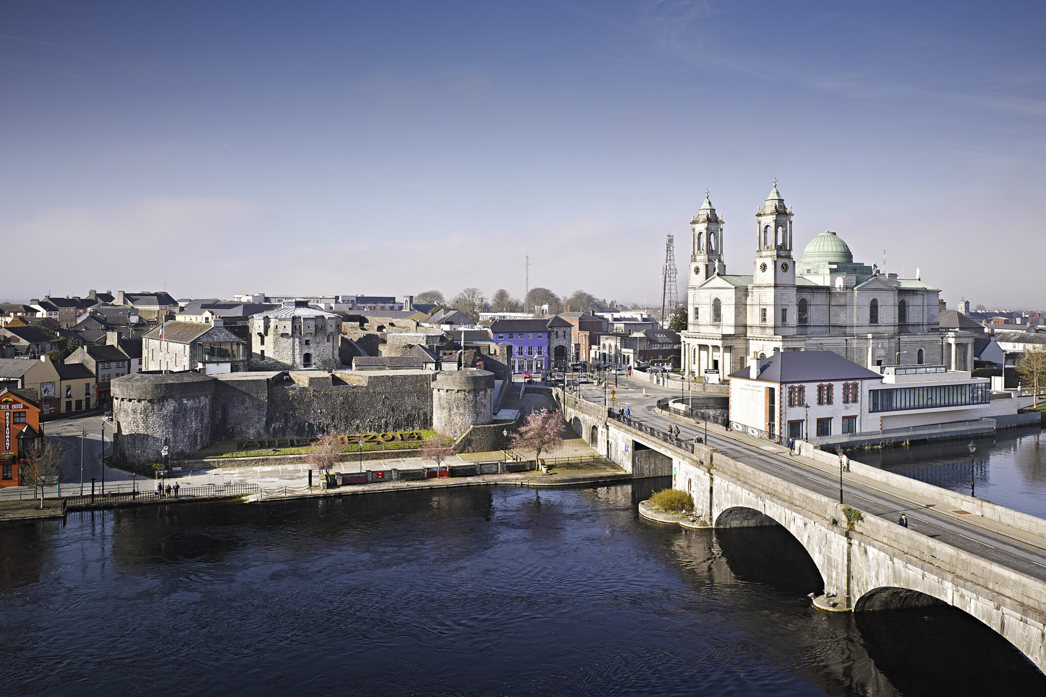 Aerial view of Athlone showing the river, castle, bridge and church