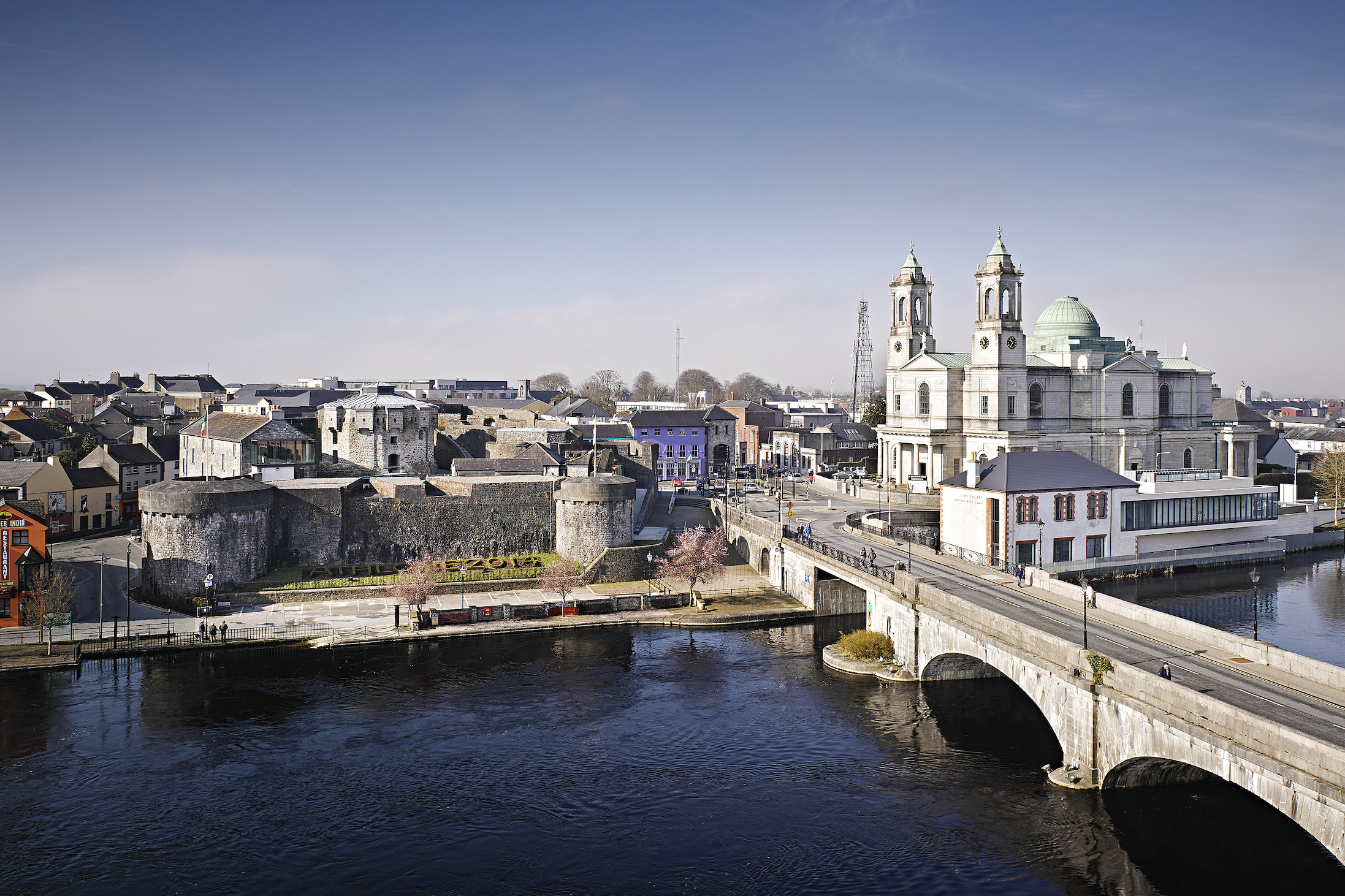 Aerial view of Athlone town showing the river, castle, church and bridge
