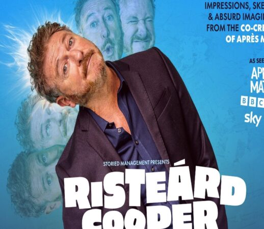 Blue promotional poster for upcoming comedy show Risteárd Cooper. Man in suit tilting head to the left side. Text on the image provides details of the show