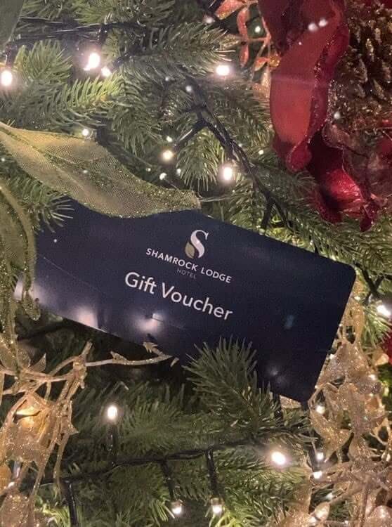 Festive Christmas tree with Shamrock Lodge gift voucher, sparkling lights, and elegant decorations.