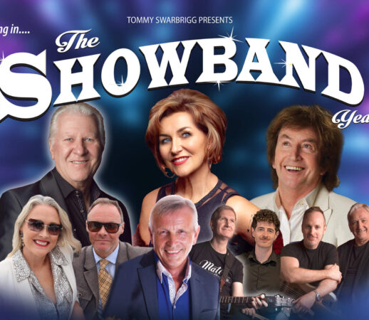 Vibrant showband performance poster with smiling musicians, colourful backdrop.